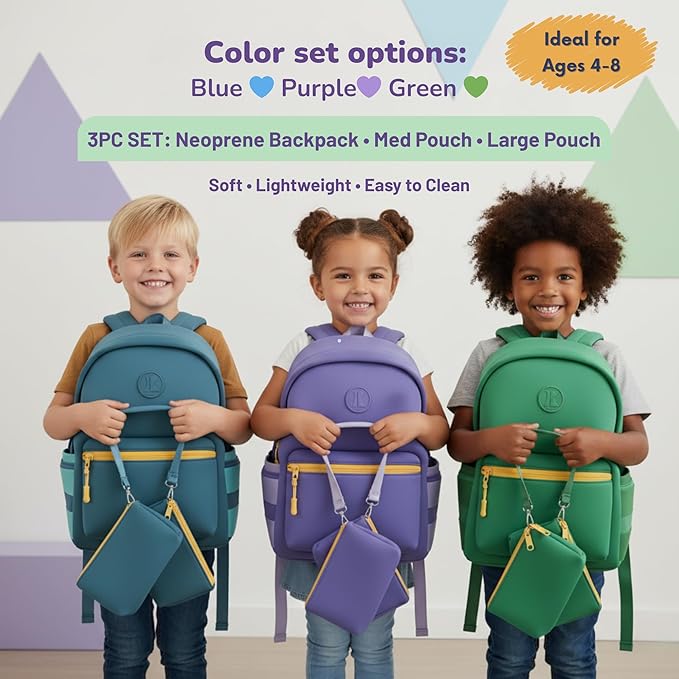 Kaywee 3pc Neoprene Kids Backpack SET 13inch | 2 zipper pouch & AirTag holder for kids | Preschool backpack for school | BLUE Toddler backpack boy and girl Ages 3-8