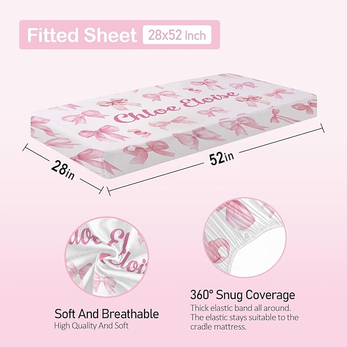 Personalized Baby Crib Bedding Set – Custom Name 4 Pcs Pink Bow Nursery Set with Minky Blanket, Fitted Sheet, Pad Cover & Rug, Soft Bedding for Girls, Ideal Shower Gift for Baby, New Parents