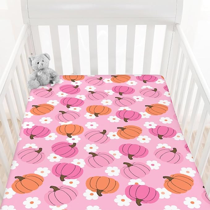 Autumn Pumpkin Boho Floral Baby Crib Sheets Fall Pumpkin Flowers Fitted Crib Mattress Cover Autumn Thanksgiving Harvest Toddler Baby Sheet for Standard Crib 28x52in
