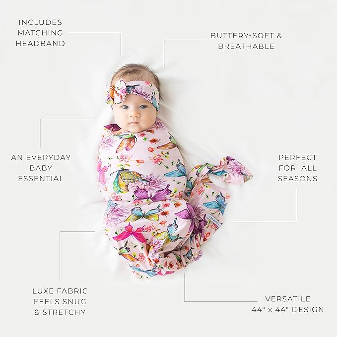 Posh Peanut Swaddle Blanket & Headband Set – Viscose from Bamboo Stretchy Baby Swaddle for Newborn Girls, Receiving Blanket or Nursing Cover (Watercolor Butterfly)