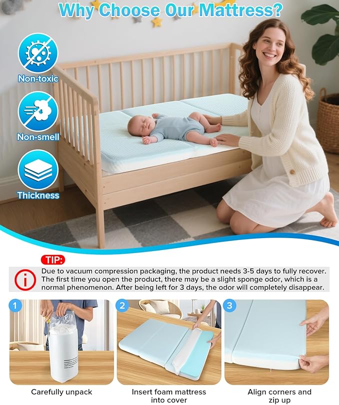 3'' Waterproof Crib Mattress,52x27.5 Inch Trifold Mattress for Toddler Bed,Portable Travel Memory Foam Nap Mat for Baby Infant Kids,Standard Full Size Sleep Mat with Removable Cover