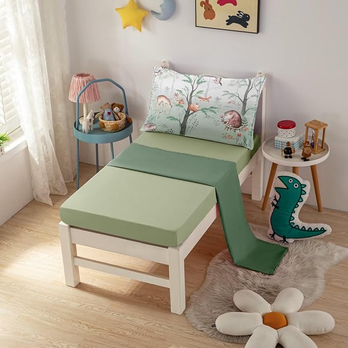 4 Pieces Woodland Animal Toddler Bedding Set, Forest Deer Bear Fox Bed Comforter Set for Boys Girls, Cute Toddler Bed Set Includes Comforter, Flat Sheet, Fitted Sheet and Pillowcase