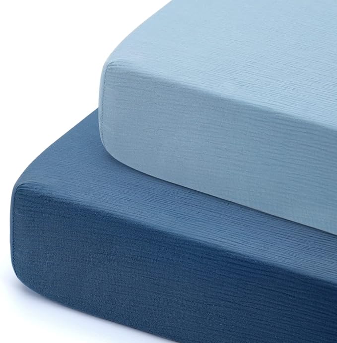 GRSSDER Soft Muslin Crib Sheet 2 Pack, 100% Cotton Crib Sheets for Boys and Girls, Fit Standard Crib Mattresses 52" x 28" Safe and Snug, Dark Blue/Blue