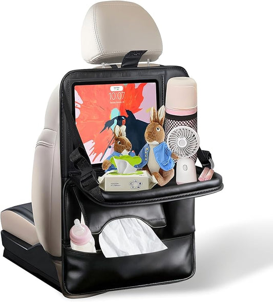 Drsvabze 1-Pack Leather Car Backseat Organizer with Tablet Holder–Foldable Food Tray,Storage Pockets,Trash Can,Tissue Holder & Insulated Bag–Kick Mats Protector for Kids,Travel Accessories Organizer