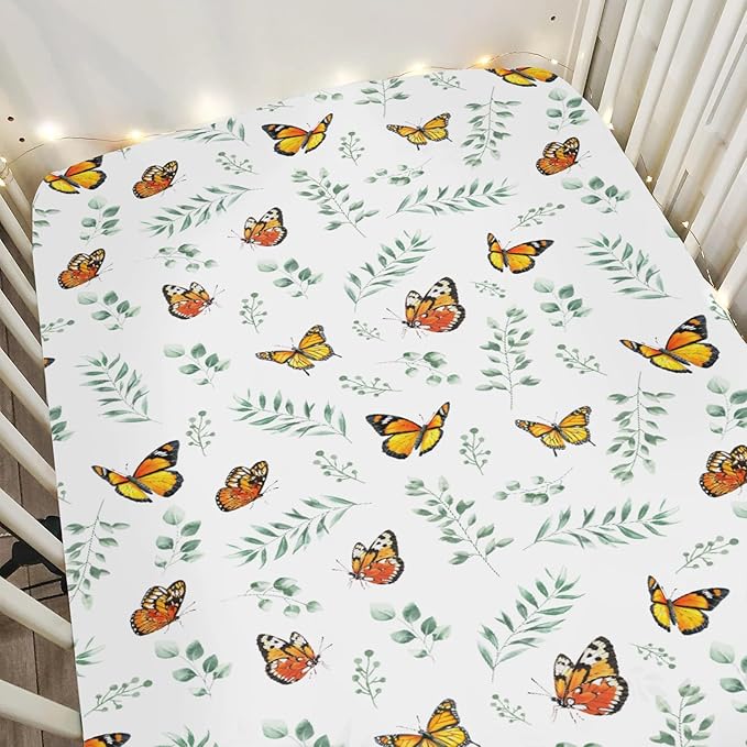 Butterflies Green Leaves Baby Crib Sheets for Boy Girl 52x28Inch Spring Garden Soft Stretchy Fitted Crib Mattress Cover Boho Greenery Nursery Baby Sheet for Crib & Toddler Bed Mattresses