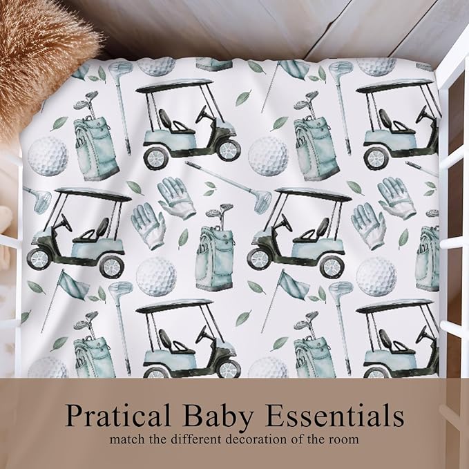 Golf Gear Sport Green Fitted Crib Sheet for Baby Girls Boys 52x28x9 in Golfing Cart Gloves Bag Flag Sports Fitted Crib Mattress Cover for Standard Crib Toddler Golfs Lovers Gift Bed Sheet