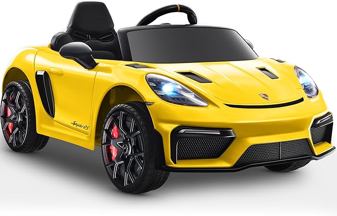 First Ride On Licensed Porsche 718 12V Ride on Toy for Kids, Ride on Car for Toddler, Child Electric Vehicle w/Parent Remote Control, 3 Speeds, Foot Pedal, Music, MP3, Led Headlights (Yellow)