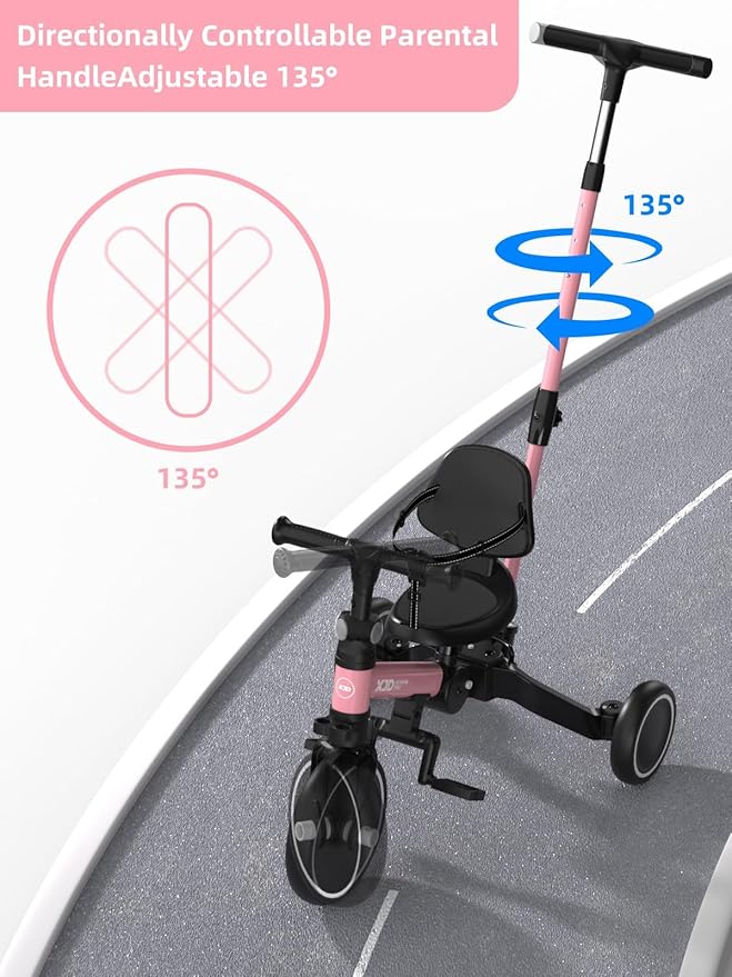 XJD Toddler Bike, 6 in 1 Folding Toddler Tricycle for 1-4 Year Old with Parental Control Handle, Balance Bike with Removable Pedal, Backrest, Adjustable Seat, First Birthday Gifts (Pink)