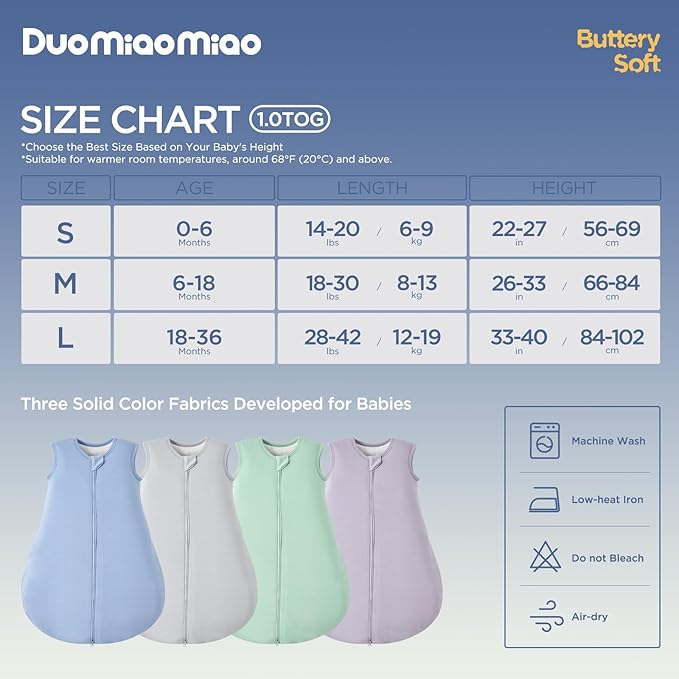 Duomiaomiao Buttery Soft Rayon Made from Bamboo Baby Sleep Sack 6-18 Months 1.0 TOG, Premium Baby Sleeping Bag 2-Way Zipper for Babies