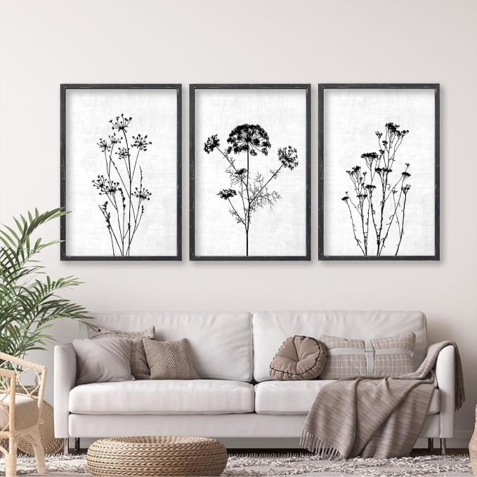 Flower Plant Wall Art Decor 24"x16" Set of 3 Black And White Botanical Painting Wood Framed For Minimalist Bedroom Office Rustic Living Room Abstract Wildflower Sign Hanging (Black)