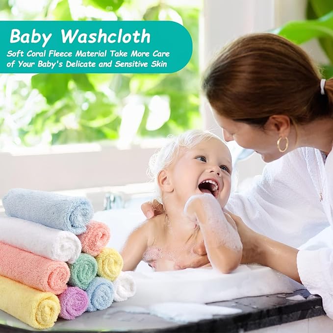 HOMEXCEL Baby Washcloths 12 Pack-Microfiber Coral Fleece Baby Bath Face Towel 7 x 9 Inch Extra Absorbent and Soft Burp Cloth and Wash Cloths for Newborn-Infants and Toddlers-Gentle On Sensitive Skin