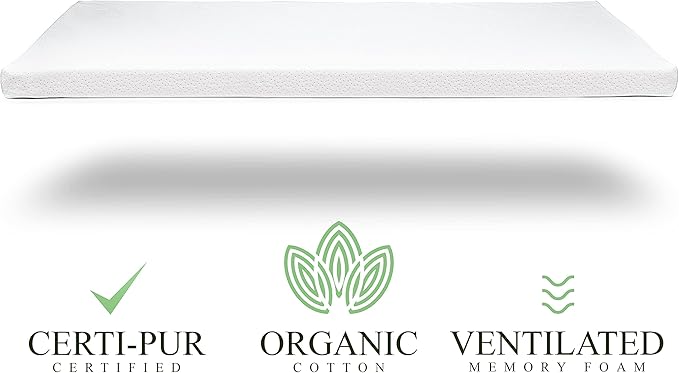 Organic Cotton Toddler Mattress Topper | Ventilated 2-Inch Memory Foam CertiPUR-US Topper Pad, Waterproof & Washable Cover for Toddler Bed, Soft Padding, Nonslip Bottom, Travel Strap, 52"x27.5"x2"