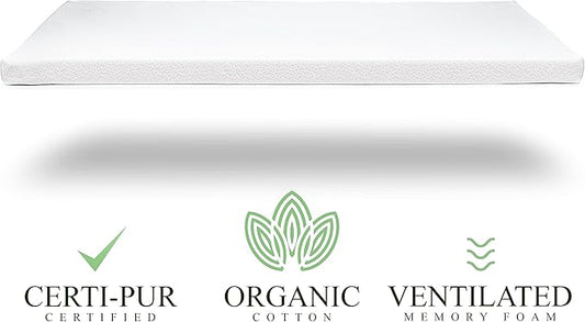 Organic Cotton Toddler Mattress Topper | Ventilated 2-Inch Memory Foam CertiPUR-US Topper Pad, Waterproof & Washable Cover for Toddler Bed, Soft Padding, Nonslip Bottom, Travel Strap, 52"x27.5"x2"