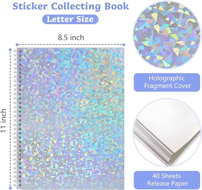 Dajino Large Reusable Sticker Book Collecting Album 8.5×11 Inch Sticker Storage Collection Organizer Book for Adult with 40 Sheets Letter Size Blank Release Paper and Holographic Cover (Fragment)