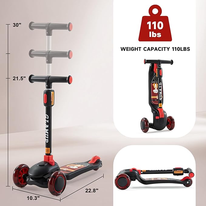GLAMUP Kids Kick Scooter 3 Wheels, Kids Scooter Height Adjustable Handlebar, Lean-to-Steer System & Easy-Folding Mechanism, Ages 3-14 Boys and Girls