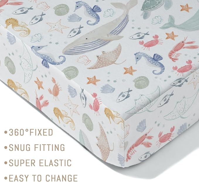 Boho Ocean Animals Baby Crib Sheets for Boys Girls Sea Horse Whale Turtle Crab Fish Soft Stretchy Crib Mattress Fitted Cover for 52''x28'' Standard Crib & Toddler Mattresses Marine Coastal Bed Sheets