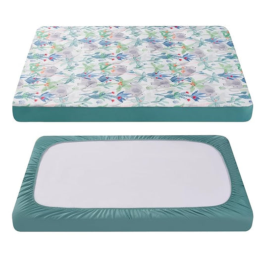 TILLYOU Pack and Play Sheet - Soft Quilted Crib Cover Pad, Toddlers Mattress Protector with 1''-3'' Deep Pocket, Thick Play Yard Playpen Sheets, Crib Mattress Pad 39"x27", Rainforest Elephant