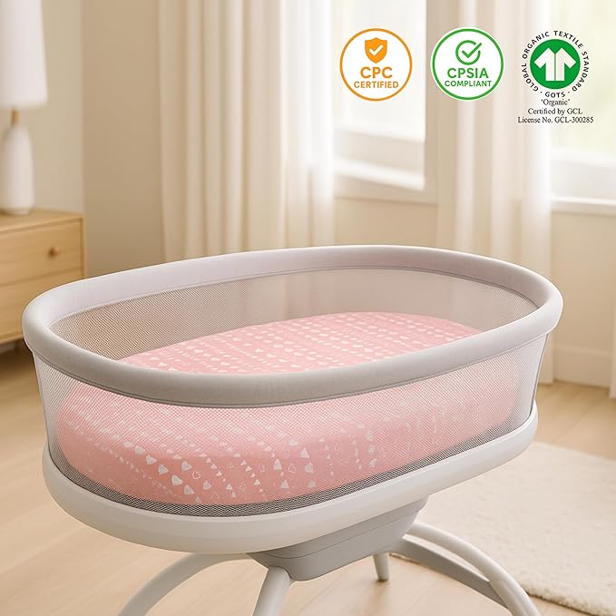 4 Pack Organic Bedside Bassinet Sheets Compatible with Mika Micky, Baby Delight, Dream On Me, AMKE and Other Bassinet Mattress Pads Size Between 17-21 in Width, 29-33 in Length, and 1.5-4 in Thick