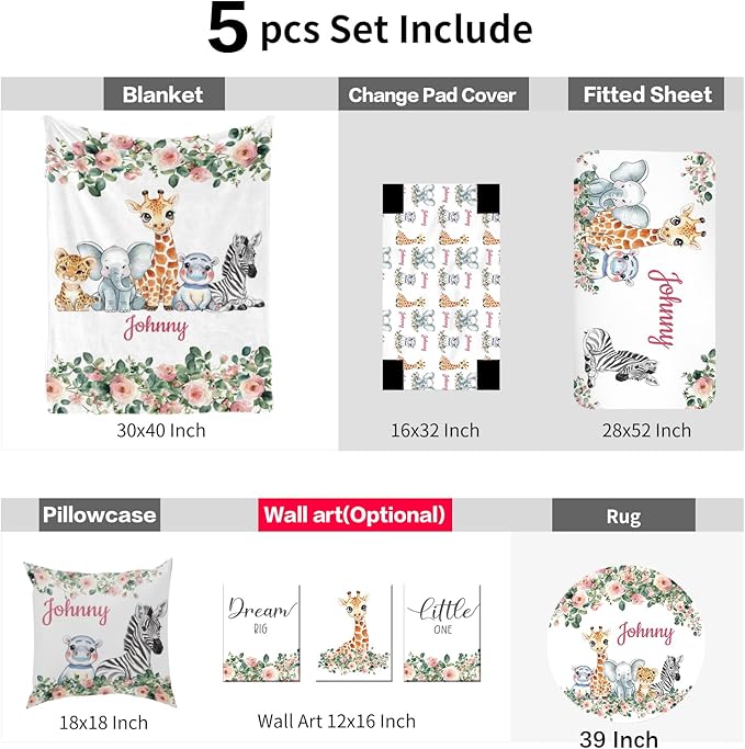 Custom Nursery Crib Bedding Set: Personalized Nursery Decor Baby Blanket Fitted Crib Sheet Changing Pad Cover Baby Room Rug Safari Animals Giraffe Pattern Gift Idea(Fixed Size)