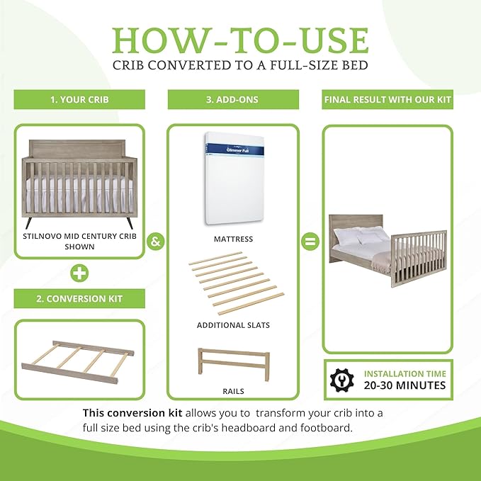 Full-Size Conversion Kit Bed Rails for Evolur Cribs - Solid Wood Crib Convertible Kit to Kids Bed - Transitional Style Rails & Easy-to-Install Child Essentials for Safety (Windsor Oak Grey)