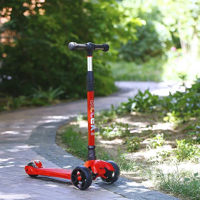 Allek Kick Scooter B02, Lean 'N Glide Scooter with Extra Wide PU Light-Up Wheels and 4 Adjustable Heights for Children from 3-12yrs (Red)