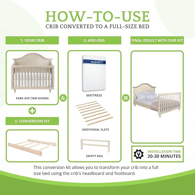 Full-Size Conversion Kit Bed Rails for Baby Appleseed and Eco-Chic Convertible Cribs - Solid Wood Rail - Toddler and Adult Bed Rail for Full-Size Beds - Nursery and Baby Furniture (Almond, Option 2)