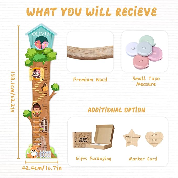 Personalized Name Growth Chart for Wall - Tree House Animals Kids Height Ruler, Wooden Growth Chart for Kids, Meaningful Memories Through Kid Size Chart Measurement