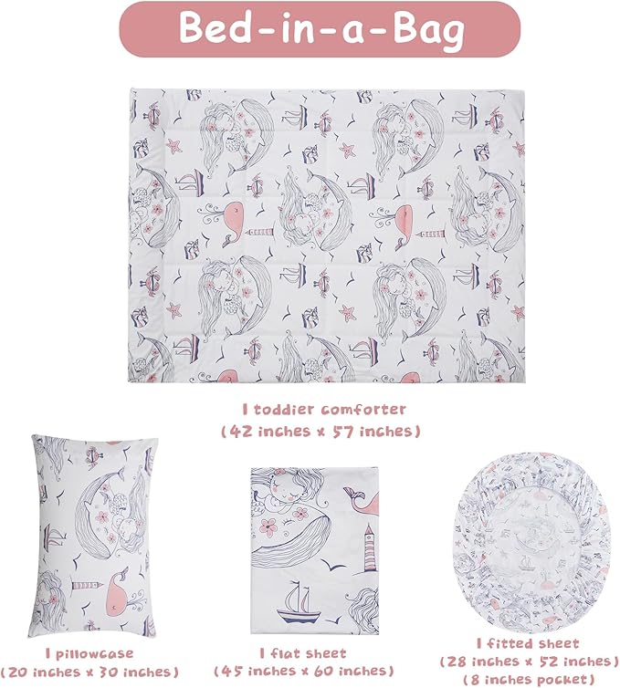 JSD Mermaid Toddler Bedding Set, 4 Piece Ocean Theme Bed-in-a-Bag Toddler Comforter Sheet Set, Machine Washable