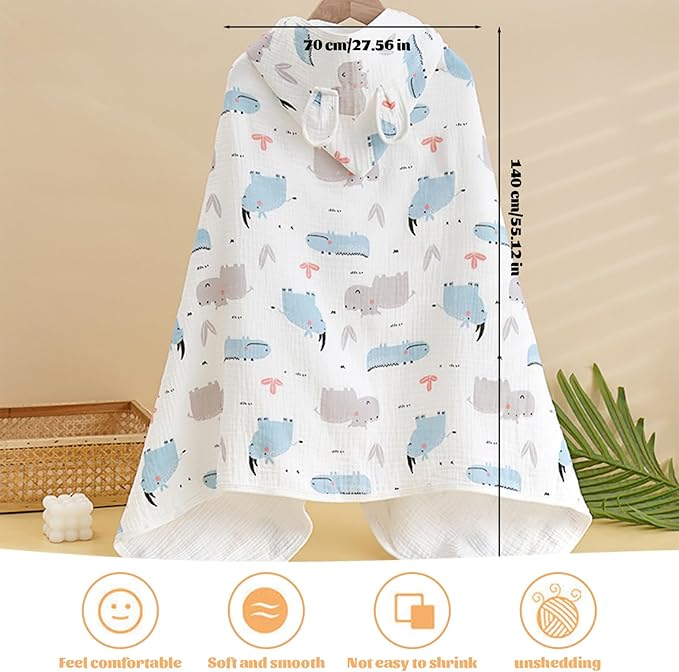 Baby Towel with Hood Thickened Hooded Baby Towel with Hippo & Crocodile Pattern 28x55'' Fast Absorption Hooded with Snap Button for Toddlers of All Ages