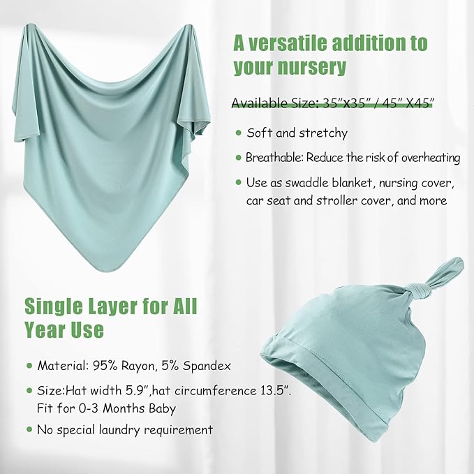 iEvolve Cotton Knitted Baby Swaddle Blanket with Hat Headband Set Newborn Swaddle Wrap Receiving Blankets for Baby Girl Boy 45" x 45"(LightGreen)