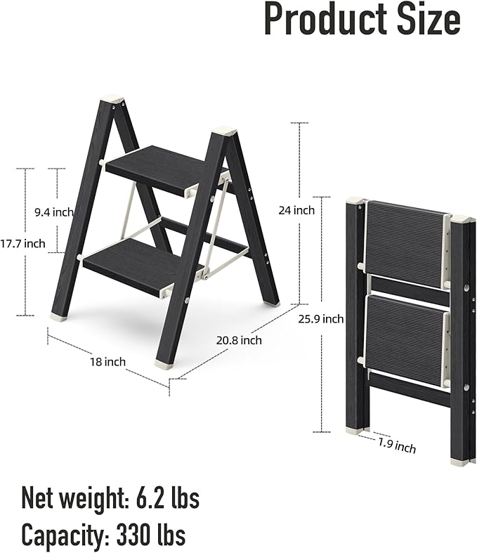 Mayi Plus 2 Step Ladder,Aluminum Folding Step Stool for Adults,Step Ladder with Wide Anti-Slip Pedal,330 lbs Capacity for Home,Kitchen,Library,Office(Ebony Woodgrain)