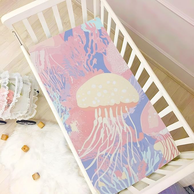 Pastel Coral Reef Jellyfish Crib Sheets Standard Crib Toddler Mattresses Cover Fitted Baby Bed Sheet Breathable Crib Mattress Sheet for Girls Boys 52" x 28"x5''