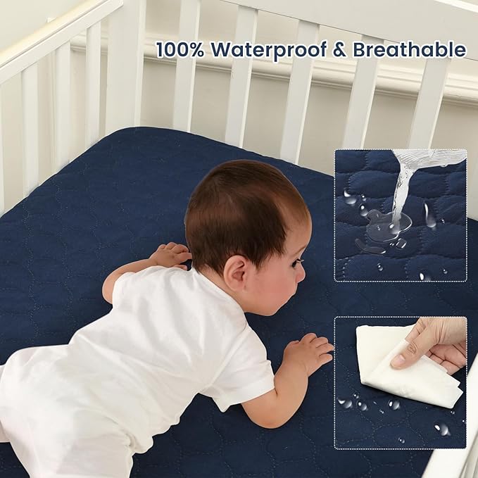 david's kids 2 Pack 38''x25'' Waterproof Mini Crib Mattress Protector, Fitted Pack N Play, Playard and Mini Crib Mattresses, Ultra Soft Breathable Pad Cover for Boys Girls Neutral, Grey & Navy Blue