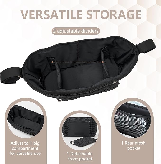 LUKJOJO Stroller Organizer - Stylish Quilting Nylon, Universal Fit, Detachable Bag, Adjustable Multi-Storage for Baby Stroller and Pet Stroller（Black-A