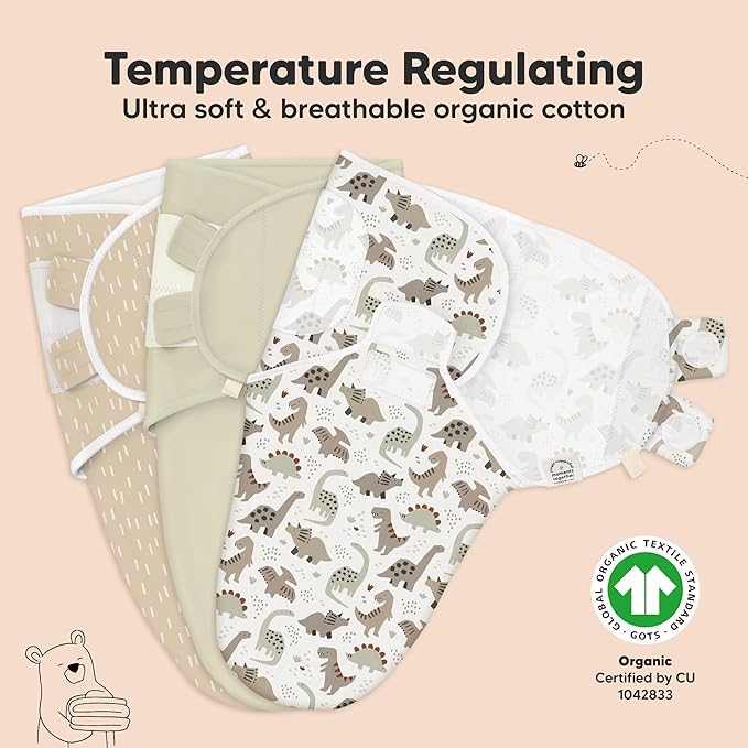 KeaBabies 3-Pack Organic Baby Swaddle Sleep Sacks - Swaddles for Newborns, Infant 0-3 Months, Baby Girls, Boys, Soft & Snug Newborn Sleep Sack, Nursery Swaddling Blankets (Dino Ridge)