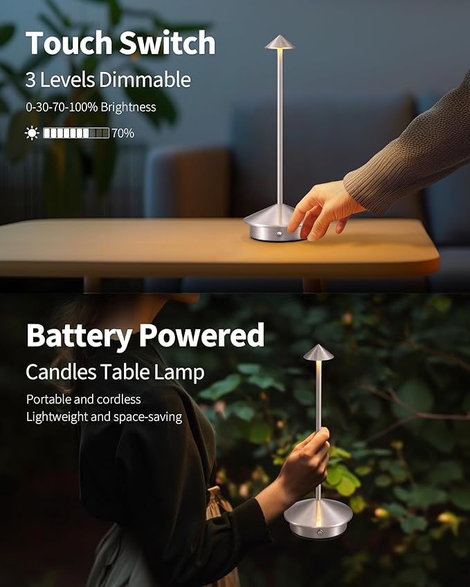 NEWSEE Modern Cordless Table Lamp Set of 2, Portable LED Desk Lamps, 5000mAh Rechargeable Battery Operated Lighting for Bedroom Dining Room Restaurant Coffee Shop Camping Night Light (Brushed Nickel)