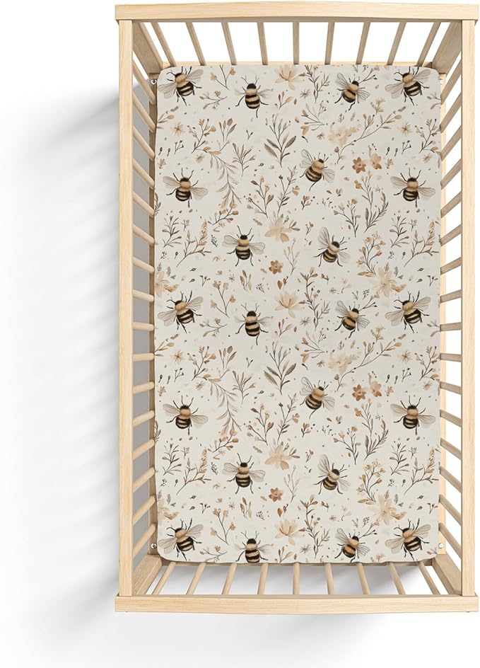 Vintage Bees Boho Flowers Baby Crib Sheets for Boy Girl 52x28Inch Retro Bees Floral Soft Stretchy Fitted Crib Mattress Cover Spring Summer Baby Sheet Fits Unisex Standard Bed and Toddler Mattress