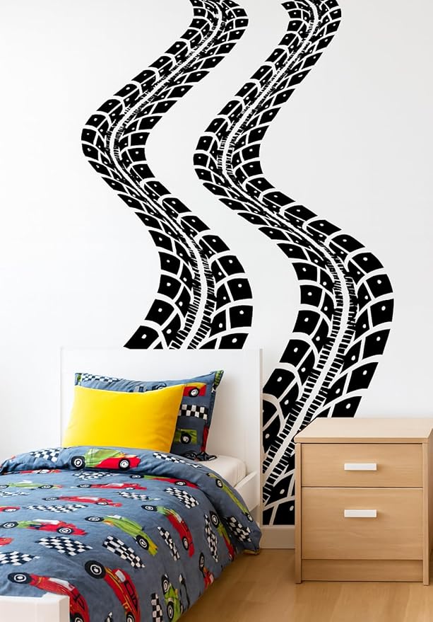Tire Tracks Wall Decal for Kids Room – Racing Tire Mark Wall Sticker – Car Theme Bedroom, Nursery & Playroom Decor – Race Track Wall Art for Children & Boys Rooms