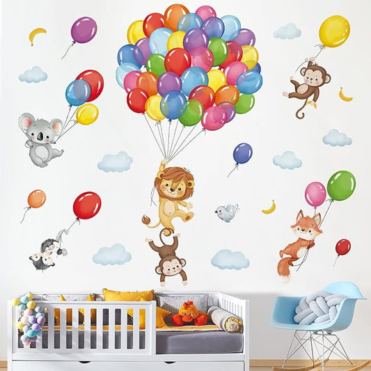 decalmile Forest Animals Balloon Wall Decals Monkey Lion Koala Wall Stickers Baby Nursery Kids Bedroom Playroom Wall Decor