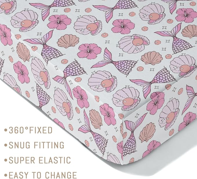 Pink Summer Mermaids Seashells Floral Baby Crib Sheets for Girls Boho Neutral Conch Pearls Soft Snug Fitted Crib Mattress Covers for 52''x28'' Standard Crib & Toddler Mattress Sea Beach Bed Sheets