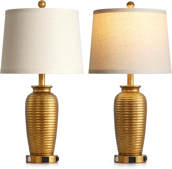 CINSARY 25" Retro Gold Farmhouse Jar Table Lamps Set of 2, 3 Way Touch Control Rustic Bedside Lamps with USB A+C Ports & AC Outlet, Pot Nightstand Lamps for Bedroom Living Room (LED Bulbs Included)