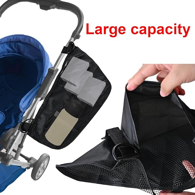 Anglepingping 2 Pack Universal Side Sling Stroller Cargo Net, Non-Slip and Adjustable Straps Storage Mesh Bag,Portable Mesh Storage Organizer (Black)
