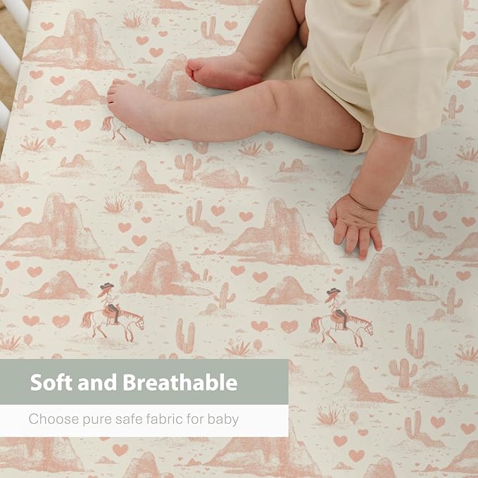 Vintage Pink Cowgirl Cactus Baby Crib Sheets for Boy Girl 52"x28" Western Cowgirl Love Soft Stretchy Fitted Crib Mattress Cover Wild Desert Baby Sheet for Standard Crib & Toddler Mattress Pad