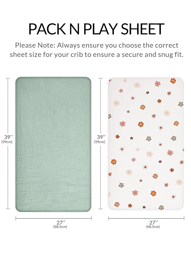 Pack and Play Sheets for Baby Boy and Girl 2 Pack, Neutral Muslin Cotton Pack N Play Mattresses Sheet 27"x39", Muslin Nursery Bedding Soft and Breathable Comfort (Sage & Flower-B)