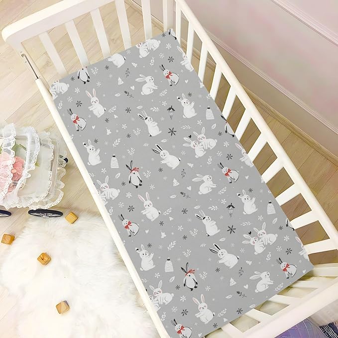 Pfrewn Christmas Crib Sheets for Boys Girls Cute White Bunnies Snow Fitted Crib Sheet Fits Standard Crib Mattress Pads Winter Pattern Stretch Soft Toddler Baby Sheet,52x28IN