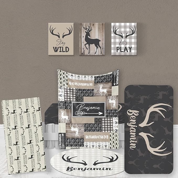 Custom Baby Bedding Set: Personalized Grey Deer Bedding Baby Blanket Fitted Sheet Changing Cover Nursery Rug Room Decor Gift Idea