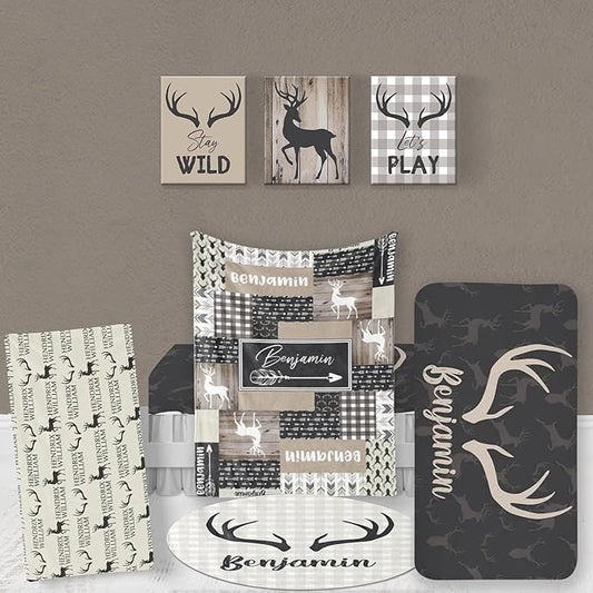 Custom Baby Bedding Set: Personalized Grey Deer Bedding Baby Blanket Fitted Sheet Changing Cover Nursery Rug Room Decor Gift Idea