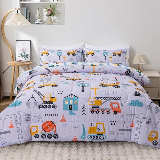 NTBED 5 Pieces Construction Cars Comforter Set Twin for Boys Kids Bed in a Bag Vehicles Transportation Lightweight Microfiber Bedding Sets,Light Grey