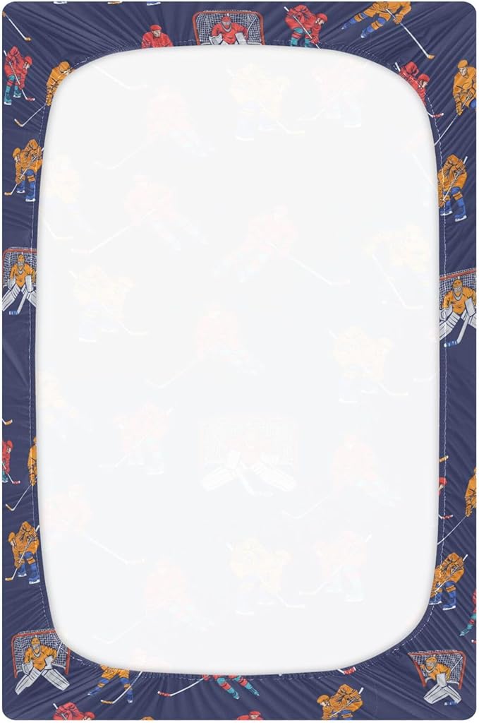 Hockey Players Blue Crib Sheets Soft Breathable Fitted Baby Crib Sheets Mattress Cover for Girl Boys, 52" x 28" x 9"