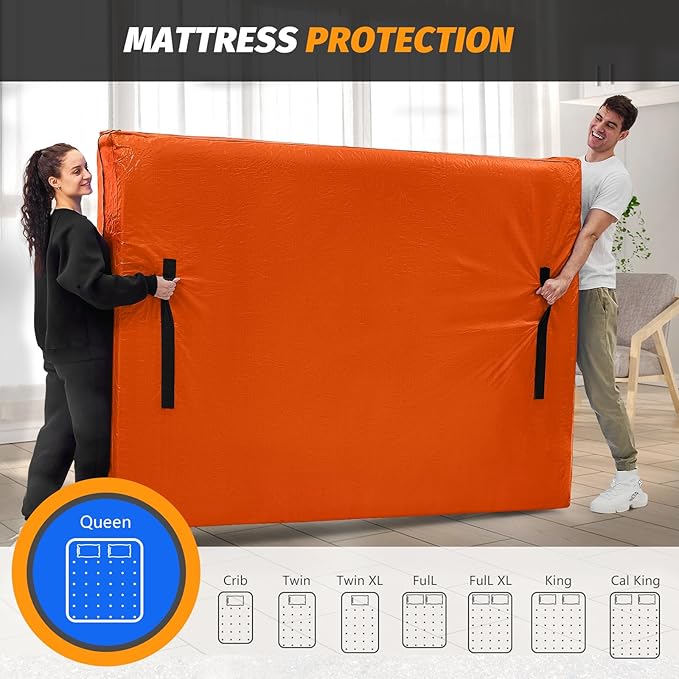 Mattress Bags for Moving, BETU Mattress Protector Waterproof Mattress Cover Queen Size Storage Bags with 8 Heavy-Duty Handles and Zipper for Bed Extra Thick Large Reusable (82"x62"x15" Orange)
